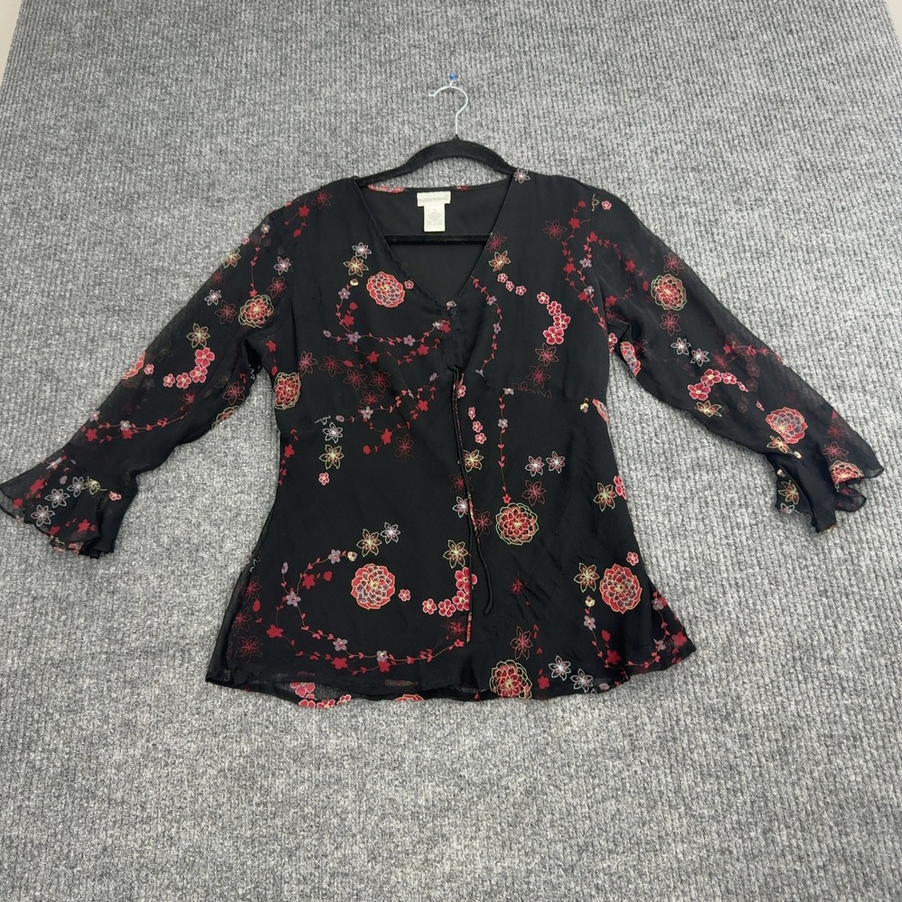 Vintage Fashion Bug Blouse Womens S Black Silk Floral Beaded Sheer Y2K Boho